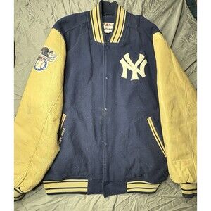 Vintage Majestic New York Yankees Leather Wool Varsity Jacket Size XL MLB Cream